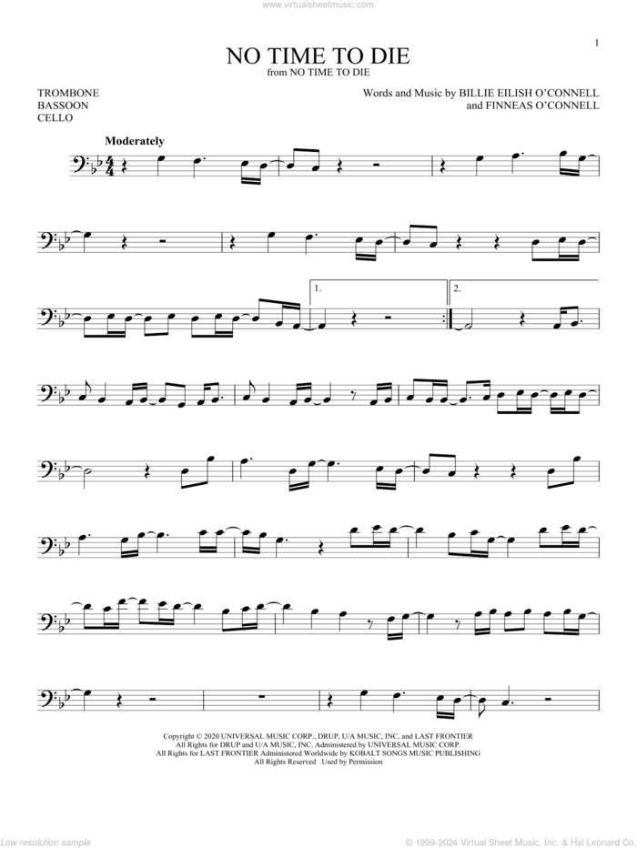 No Time To Die sheet music for Solo Instrument (bass clef) by Billie Eilish, intermediate skill level