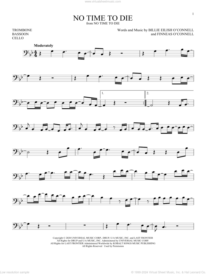 No Time To Die sheet music for Solo Instrument (bass clef) by Billie Eilish, intermediate skill level