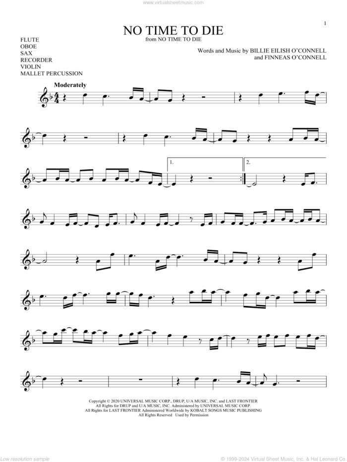 No Time To Die sheet music for Solo Instrument (treble clef high) by Billie Eilish, intermediate skill level