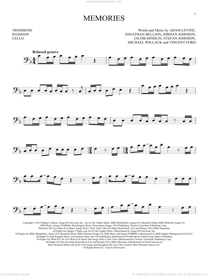 Memories sheet music for Solo Instrument (bass clef) by Maroon 5, Adam Levine, Jacob Hindlin, Jon Bellion, Michael Pollack, Stefan Johnson and Vincent Ford, intermediate skill level