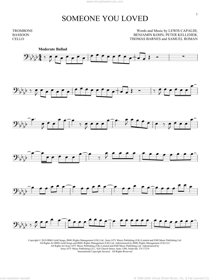 Someone You Loved sheet music for Solo Instrument (bass clef) by Lewis Capaldi, Benjamin Kohn, Peter Kelleher, Samuel Roman and Thomas Barnes, intermediate skill level