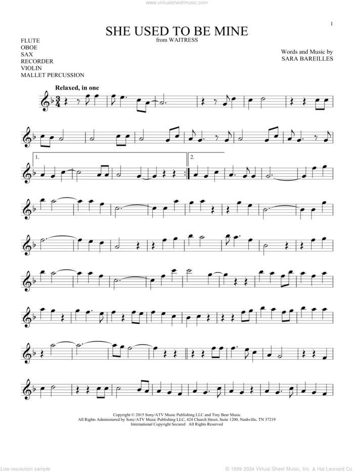 She Used To Be Mine (from Waitress) sheet music for Solo Instrument (treble clef high) by Sara Bareilles, intermediate skill level