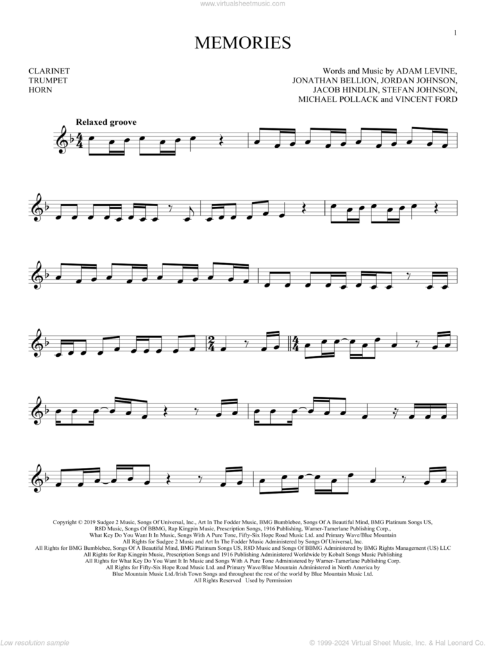 Memories sheet music for Solo Instrument (treble clef low) by Maroon 5, Adam Levine, Jacob Hindlin, Jon Bellion, Michael Pollack, Stefan Johnson and Vincent Ford, intermediate skill level