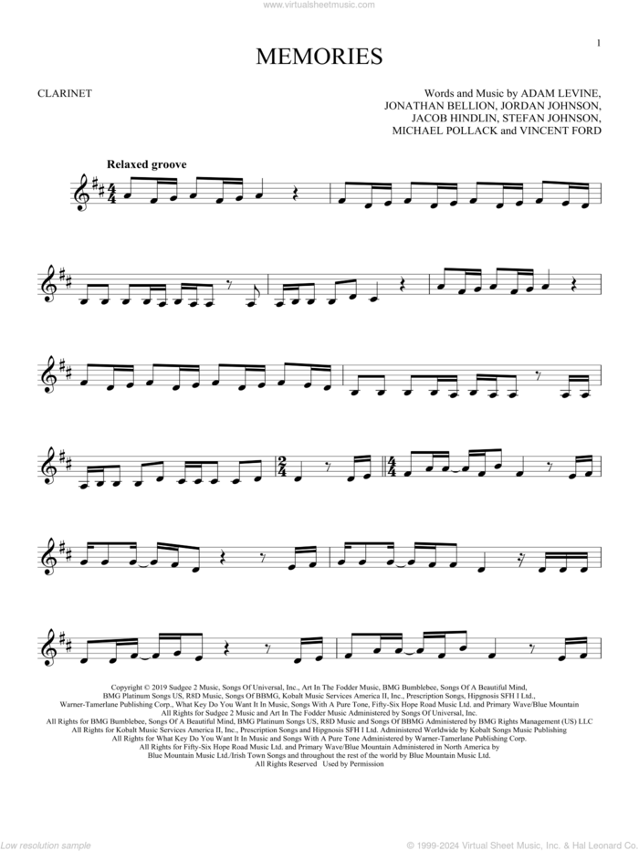 Memories sheet music for Solo Instrument (treble clef low) by Maroon 5, Adam Levine, Jacob Hindlin, Jon Bellion, Michael Pollack, Stefan Johnson and Vincent Ford, intermediate skill level