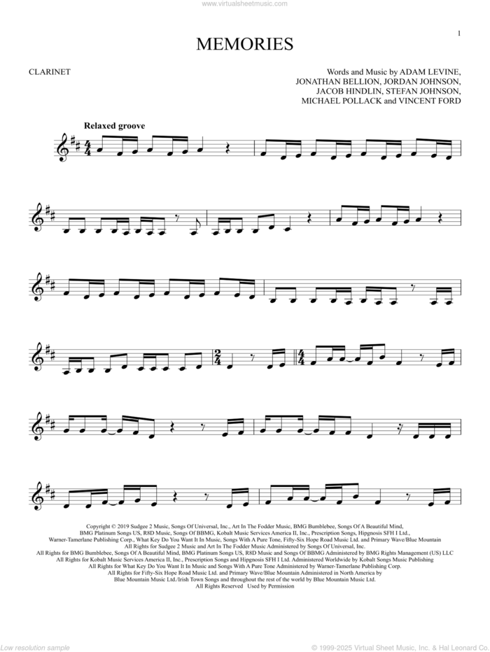 Memories sheet music for Solo Instrument (treble clef low) by Maroon 5, Adam Levine, Jacob Hindlin, Jon Bellion, Michael Pollack, Stefan Johnson and Vincent Ford, intermediate skill level