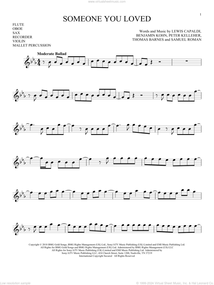 Someone You Loved sheet music for Solo Instrument (treble clef high) by Lewis Capaldi, Benjamin Kohn, Peter Kelleher, Samuel Roman and Thomas Barnes, intermediate skill level
