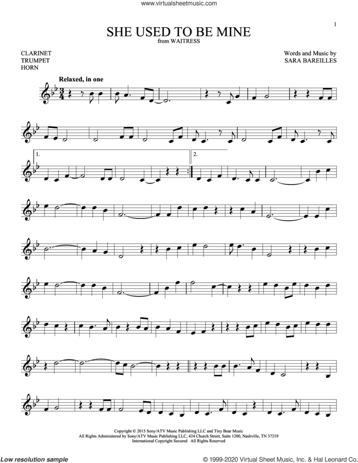 She Used To Be Mine (from Waitress) sheet music for Solo Instrument (treble clef low) by Sara Bareilles, intermediate skill level