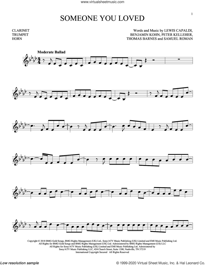 Someone You Loved sheet music for Solo Instrument (treble clef low) by Lewis Capaldi, Benjamin Kohn, Peter Kelleher, Samuel Roman and Thomas Barnes, intermediate skill level