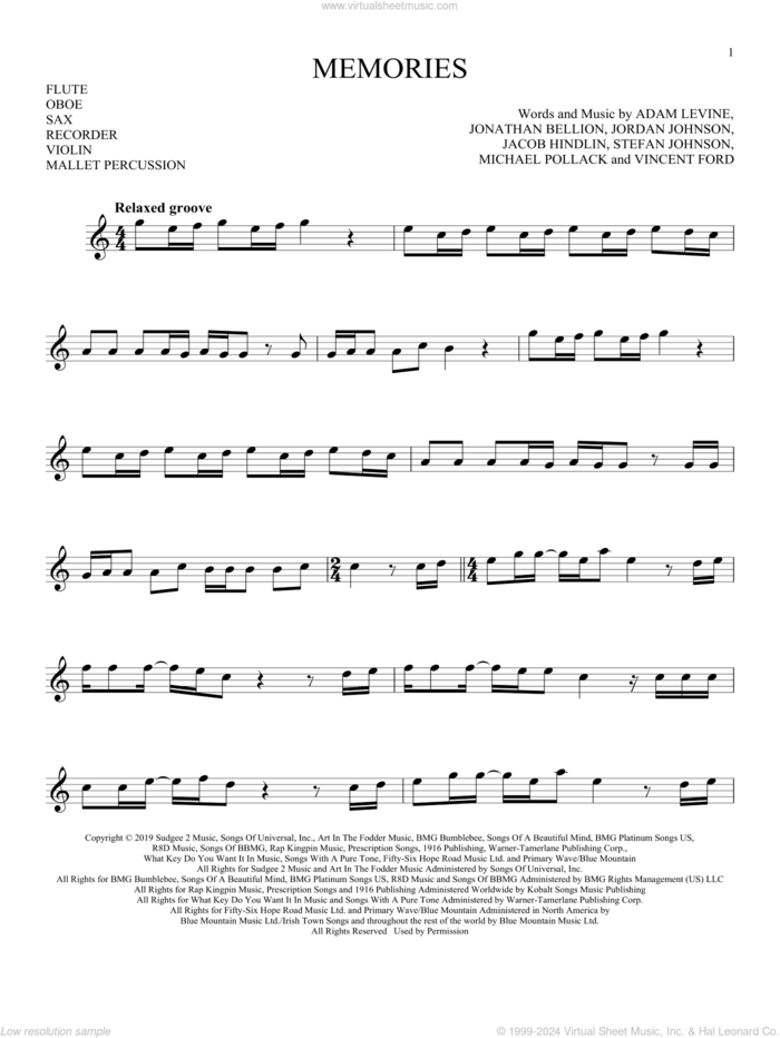 Memories sheet music for Solo Instrument (treble clef high) by Maroon 5, Adam Levine, Jacob Hindlin, Jon Bellion, Michael Pollack, Stefan Johnson and Vincent Ford, intermediate skill level