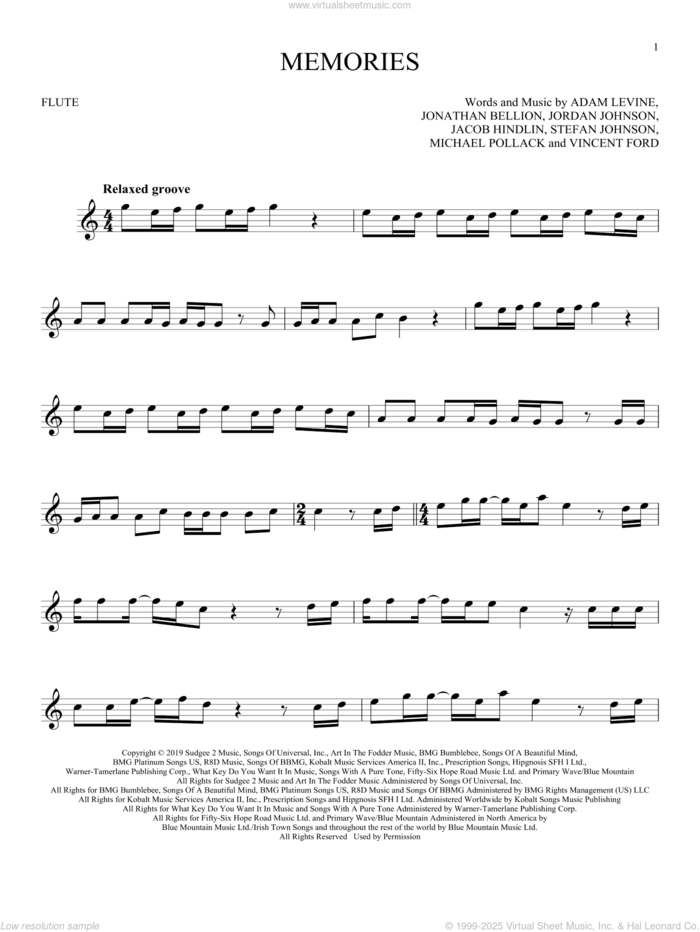 Memories sheet music for Solo Instrument (treble clef high) by Maroon 5, Adam Levine, Jacob Hindlin, Jon Bellion, Michael Pollack, Stefan Johnson and Vincent Ford, intermediate skill level