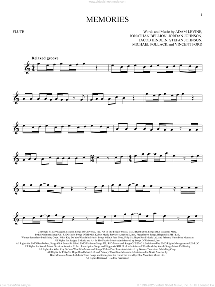 Memories sheet music for Solo Instrument (treble clef high) by Maroon 5, Adam Levine, Jacob Hindlin, Jon Bellion, Michael Pollack, Stefan Johnson and Vincent Ford, intermediate skill level