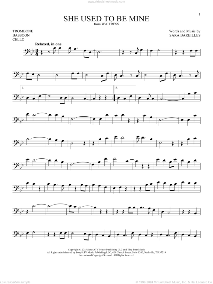 She Used To Be Mine (from Waitress) sheet music for Solo Instrument (bass clef) by Sara Bareilles, intermediate skill level