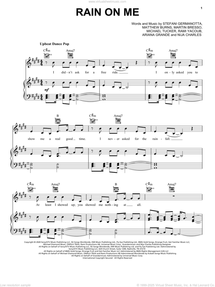 Rain On Me sheet music for voice, piano or guitar by Lady Gaga & Ariana Grande, Alexander Ridha, Ariana Grande, Lady Gaga, Martin Bresso, Matthew Burns, Michael Tucker, Nija Charles and Rami, intermediate skill level