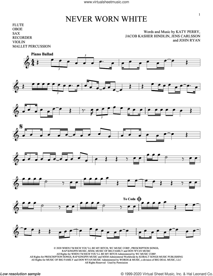 Never Worn White sheet music for Solo Instrument (treble clef high) by Katy Perry, Jacob Kasher Hindlin, Jens Carlsson and John Ryan, intermediate skill level