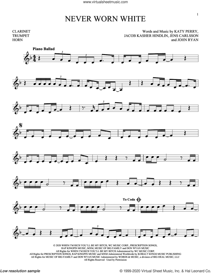 Never Worn White sheet music for Solo Instrument (treble clef low) by Katy Perry, Jacob Kasher Hindlin, Jens Carlsson and John Ryan, intermediate skill level
