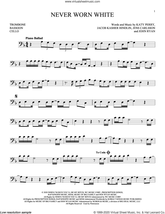 Never Worn White sheet music for Solo Instrument (bass clef) by Katy Perry, Jacob Kasher Hindlin, Jens Carlsson and John Ryan, intermediate skill level