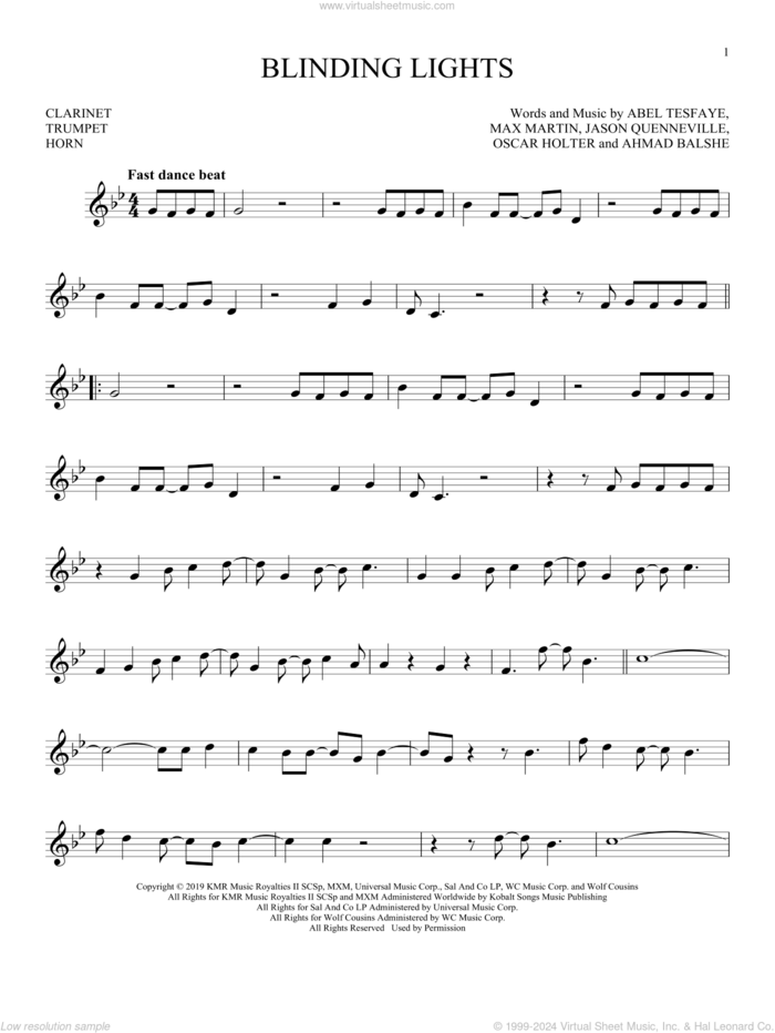 Blinding Lights sheet music for Solo Instrument (treble clef low) by The Weeknd, Abel Tesfaye, Ahmad Balshe, Jason Quenneville, Max Martin and Oscar Holter, intermediate skill level