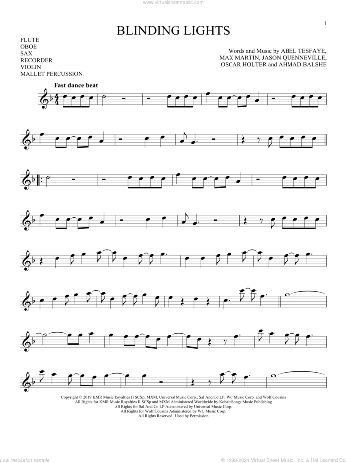 Blinding Lights sheet music for Solo Instrument (treble clef high) by The Weeknd, Abel Tesfaye, Ahmad Balshe, Jason Quenneville, Max Martin and Oscar Holter, intermediate skill level