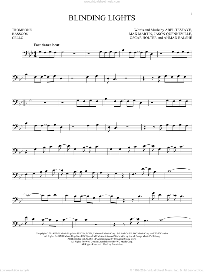 Blinding Lights sheet music for Solo Instrument (bass clef) by The Weeknd, Abel Tesfaye, Ahmad Balshe, Jason Quenneville, Max Martin and Oscar Holter, intermediate skill level