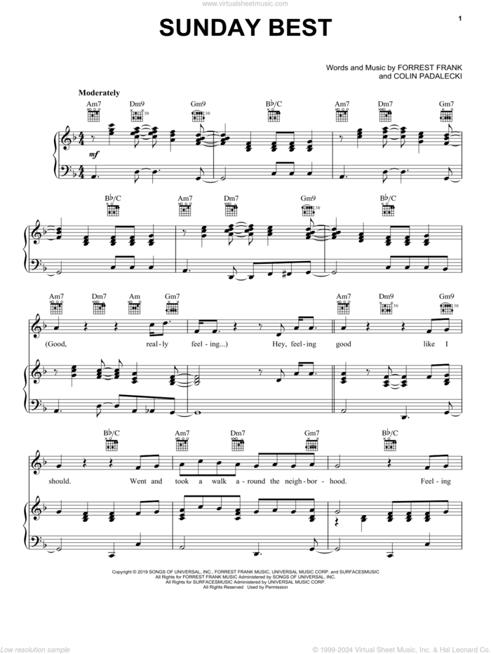 Sunday Best sheet music for voice, piano or guitar by Surfaces, Colin Padalecki and Forrest Frank, intermediate skill level