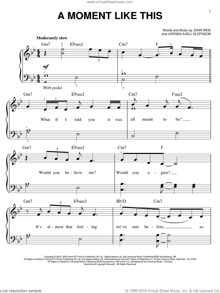 A Moment Like This, (easy) sheet music for piano solo by Kelly Clarkson, John Reid and Jorgen Elofsson, easy skill level