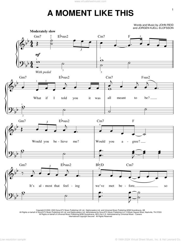 A Moment Like This, (easy) sheet music for piano solo by Kelly Clarkson, John Reid and Jorgen Elofsson, easy skill level