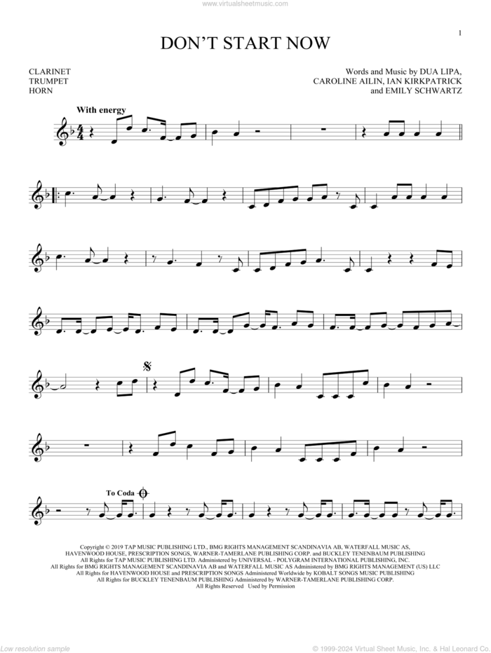 Don't Start Now sheet music for Solo Instrument (treble clef low) by Dua Lipa, Caroline Ailin, Emily Schwartz and Ian Kirkpatrick, intermediate skill level