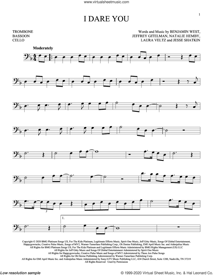 I Dare You sheet music for Solo Instrument (bass clef) by Kelly Clarkson, Benjamin West, Jeffrey Gitelman, Jesse Shatkin, Laura Veltz and Natalie Hemby, intermediate skill level