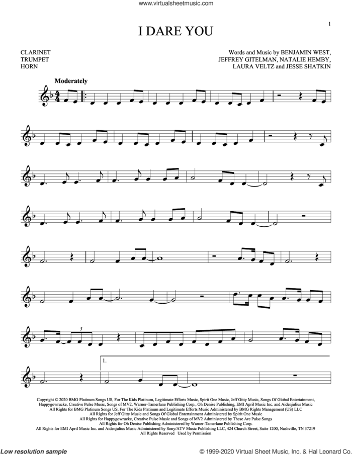 I Dare You sheet music for Solo Instrument (treble clef low) by Kelly Clarkson, Benjamin West, Jeffrey Gitelman, Jesse Shatkin, Laura Veltz and Natalie Hemby, intermediate skill level