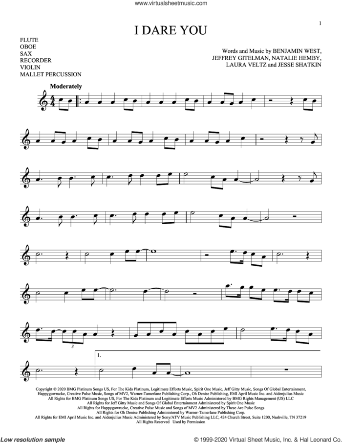 I Dare You sheet music for Solo Instrument (treble clef high) by Kelly Clarkson, Benjamin West, Jeffrey Gitelman, Jesse Shatkin, Laura Veltz and Natalie Hemby, intermediate skill level
