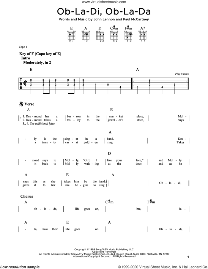 Ob-La-Di, Ob-La-Da sheet music for guitar (rhythm tablature) by The Beatles, John Lennon and Paul McCartney, intermediate skill level