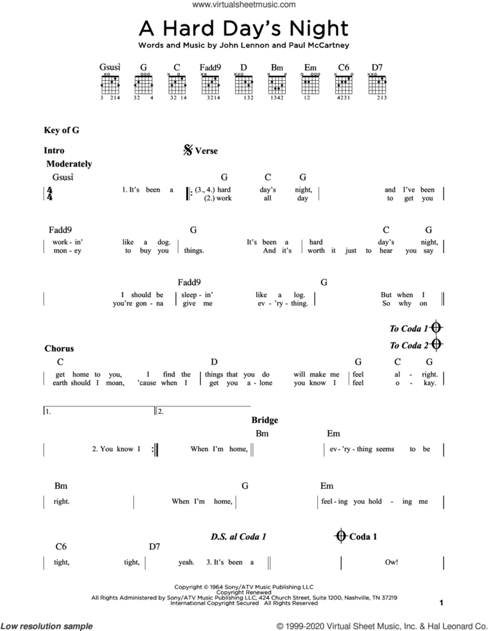 A Hard Day's Night sheet music for guitar (rhythm tablature) by The Beatles, John Lennon and Paul McCartney, intermediate skill level