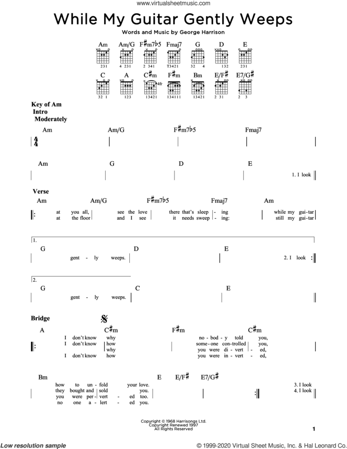 While My Guitar Gently Weeps sheet music for guitar (rhythm tablature) by The Beatles and George Harrison, intermediate skill level