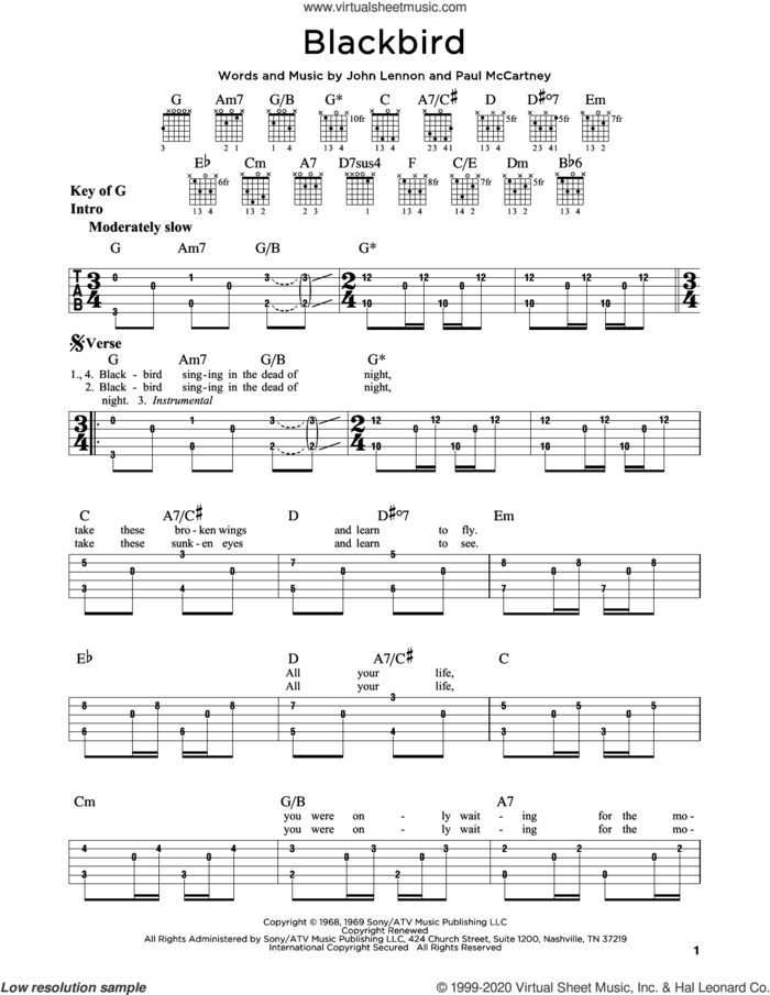 Blackbird sheet music for guitar (rhythm tablature) by The Beatles, John Lennon and Paul McCartney, intermediate skill level