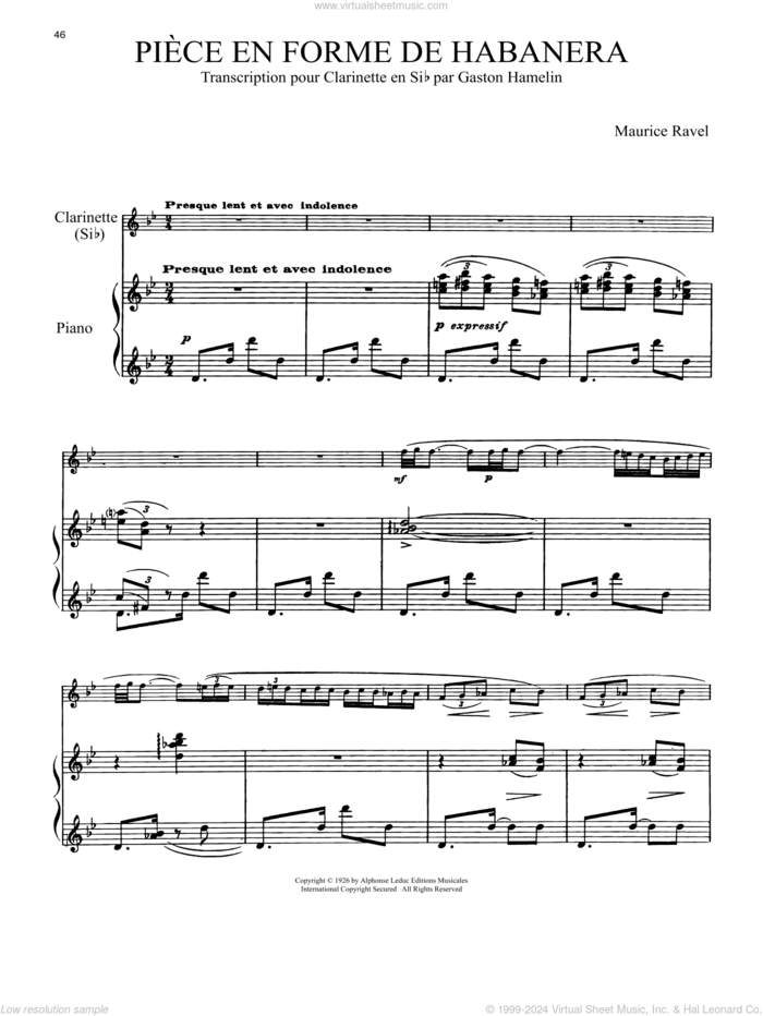 Piece En Forme De Habanera sheet music for clarinet and piano by Maurice Ravel, classical score, intermediate skill level