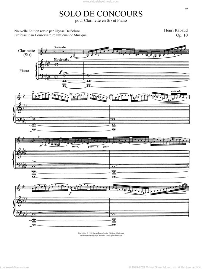 Solo De Concours sheet music for clarinet and piano by Henri Rabaud, classical score, intermediate skill level