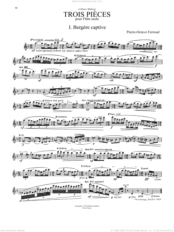 3 Pieces sheet music for flute solo by Pierre-Octave Ferroud, classical score, intermediate skill level