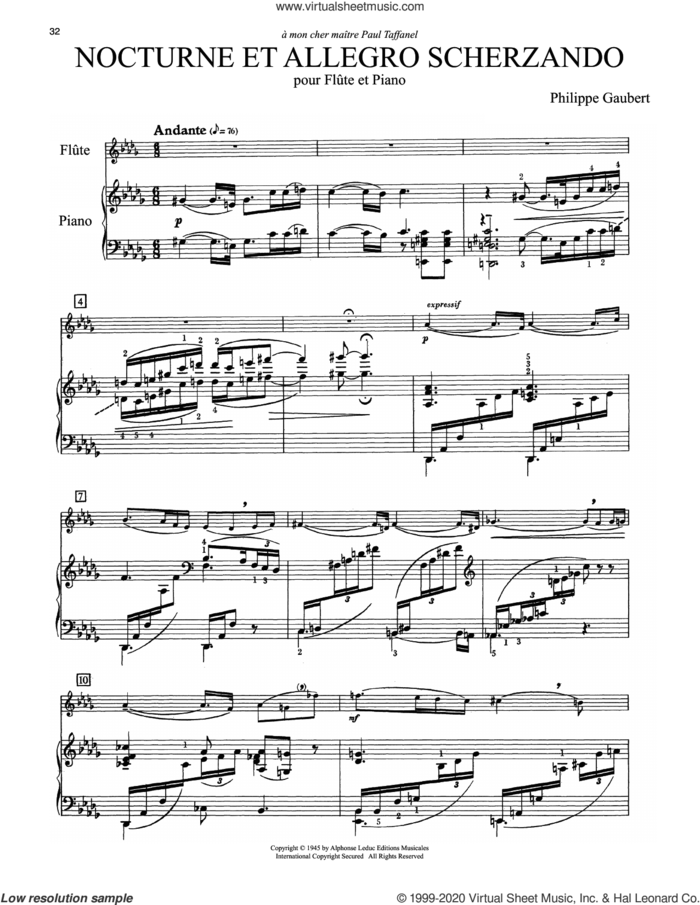 Nocturne Et Allegro Scherzando sheet music for flute and piano by Philippe Gaubert, classical score, intermediate skill level