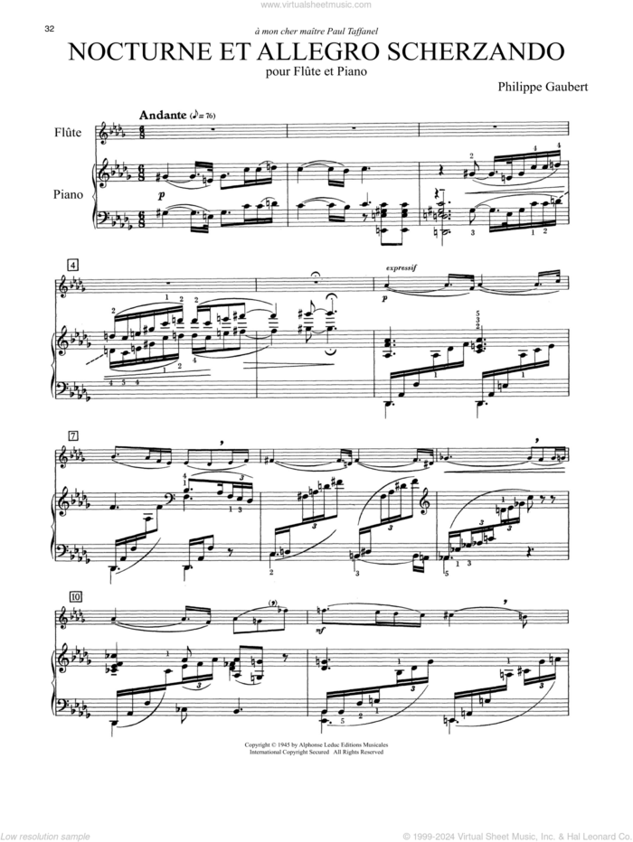 Nocturne Et Allegro Scherzando sheet music for flute and piano by Philippe Gaubert, classical score, intermediate skill level