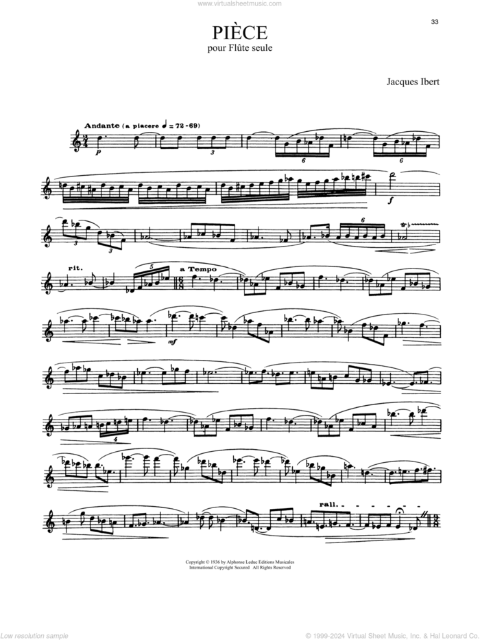 Piece Pour Flute Seule sheet music for flute solo by Jacques Ibert, classical score, intermediate skill level