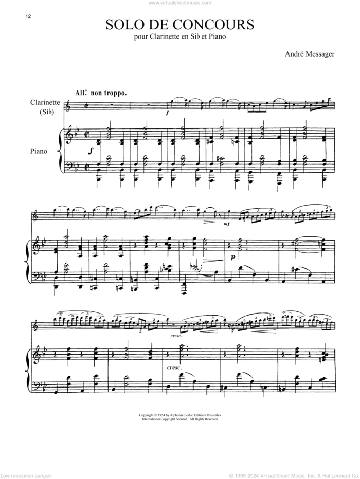 Solo De Concours sheet music for clarinet and piano by Andre Messager, classical score, intermediate skill level