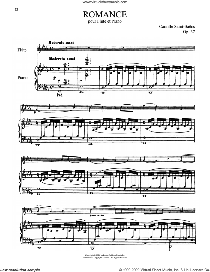 Romance, Op. 37 sheet music for flute and piano by Camille Saint-Saens, classical score, intermediate skill level