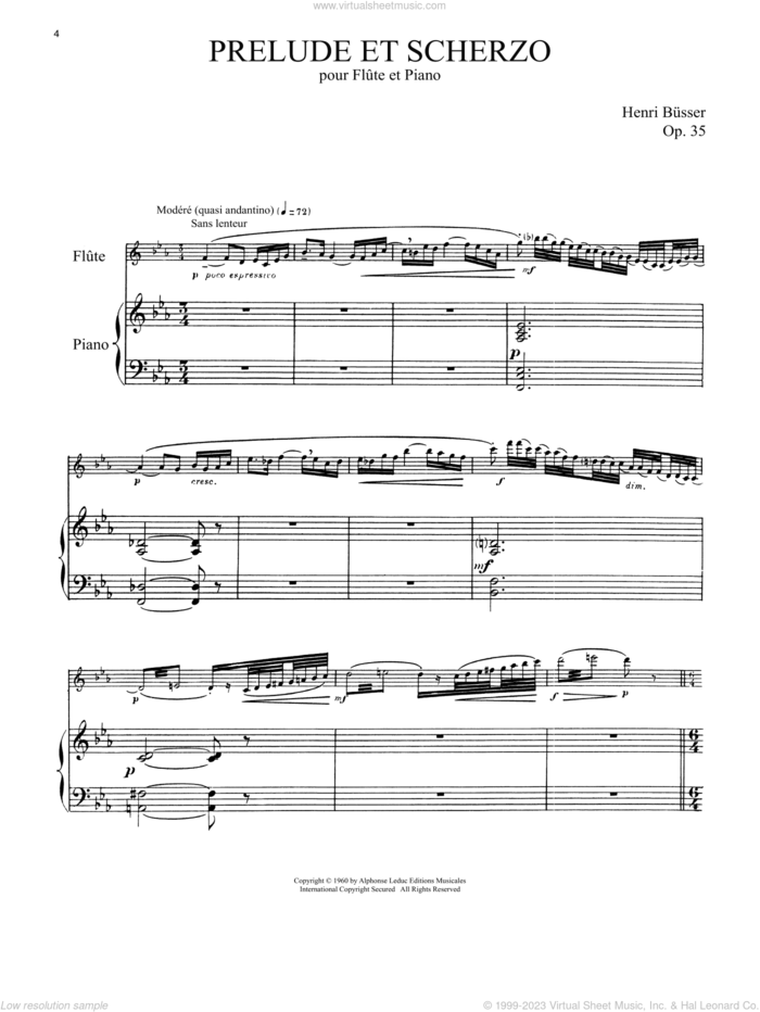 Prelude Et Scherzo, Op. 35 sheet music for flute and piano by Henri Busser, classical score, intermediate skill level