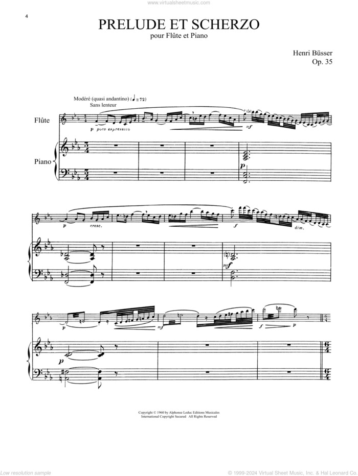 Prelude Et Scherzo, Op. 35 sheet music for flute and piano by Henri Busser, classical score, intermediate skill level