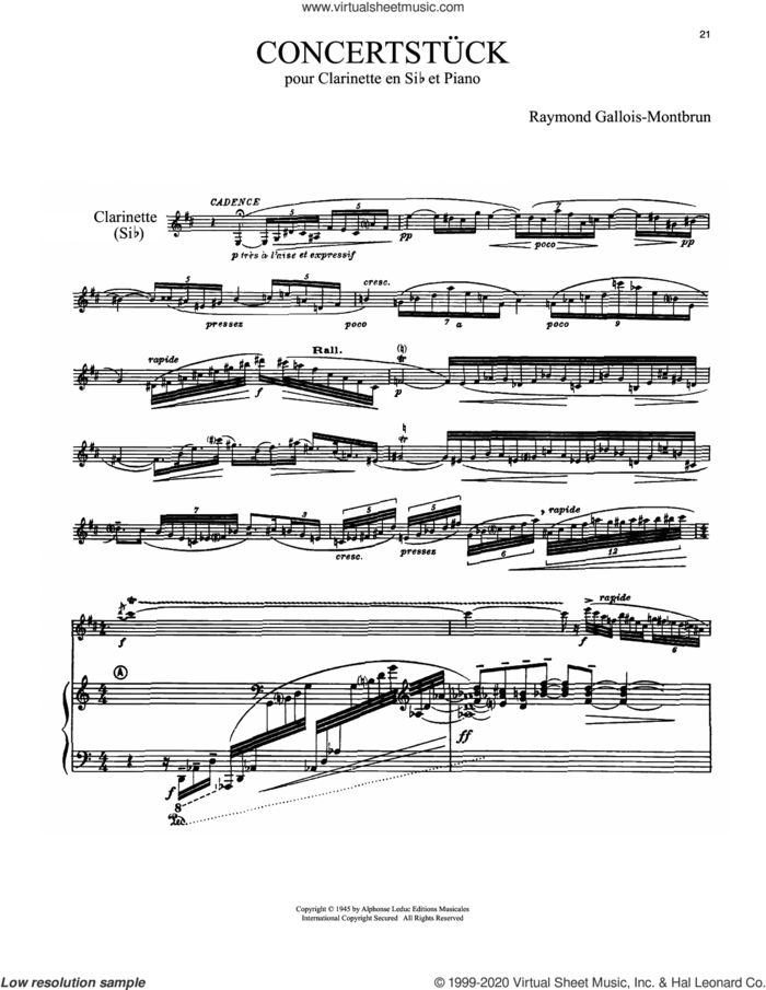 Concertstuck sheet music for clarinet and piano by Raymond Gallois-Montbrun, classical score, intermediate skill level