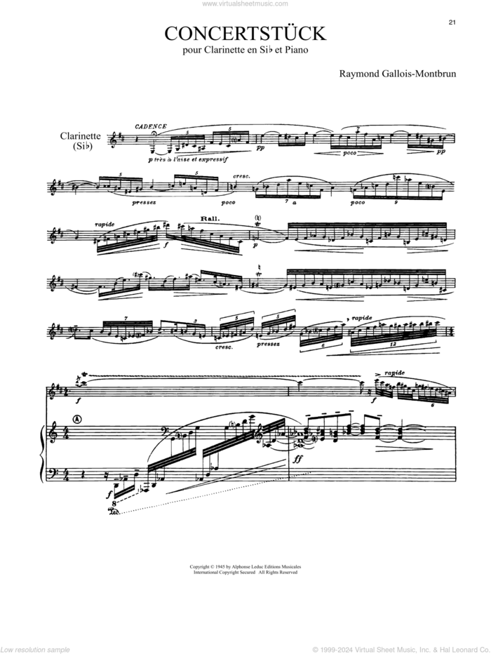 Concertstuck sheet music for clarinet and piano by Raymond Gallois-Montbrun, classical score, intermediate skill level