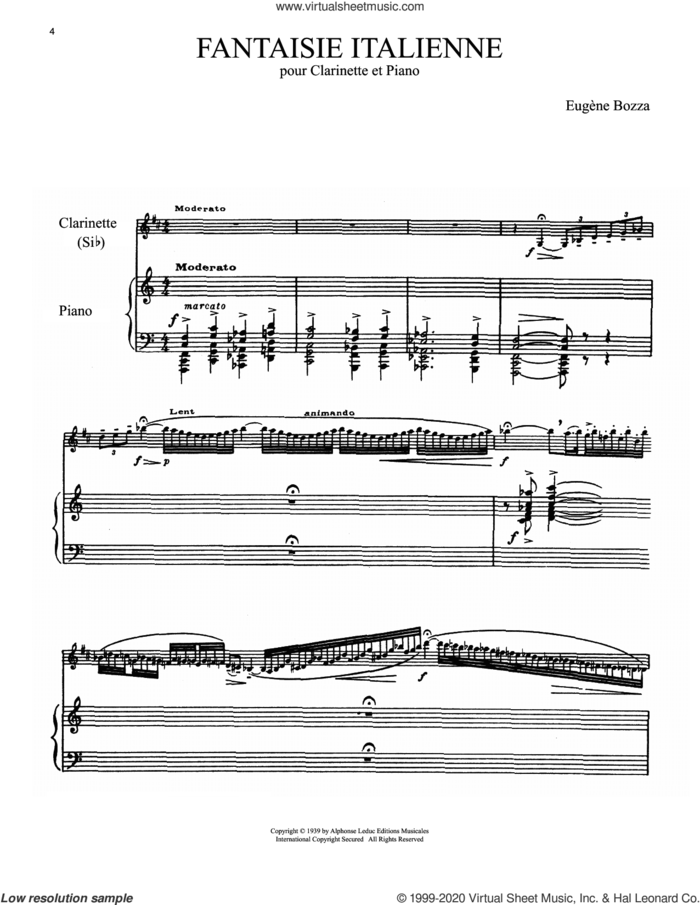 Fantaisie Italienne sheet music for clarinet and piano by Eugene Bozza, classical score, intermediate skill level
