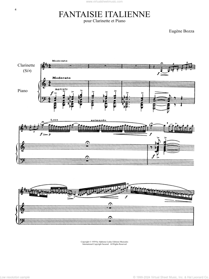 Fantaisie Italienne sheet music for clarinet and piano by Eugene Bozza and Eugene Bozza, classical score, intermediate skill level