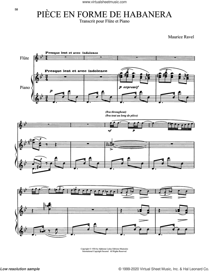 Piece En Forme De Habanera sheet music for flute and piano by Maurice Ravel, classical score, intermediate skill level