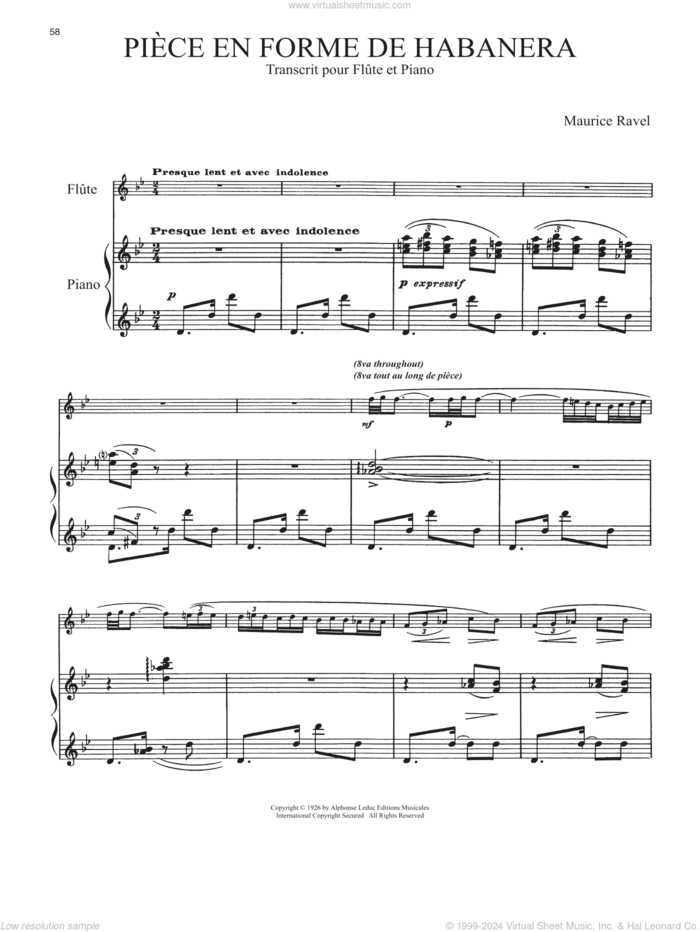 Piece En Forme De Habanera sheet music for flute and piano by Maurice Ravel, classical score, intermediate skill level